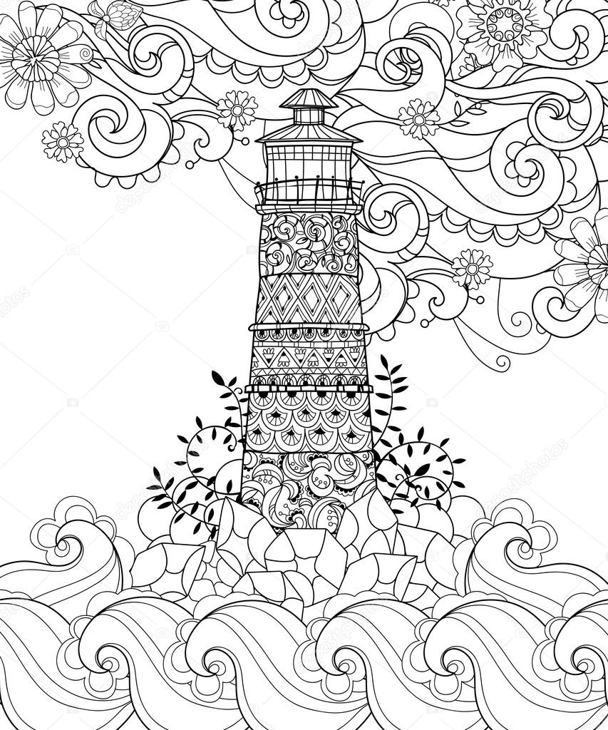 Hand drawn doodle outline lighthouse boho