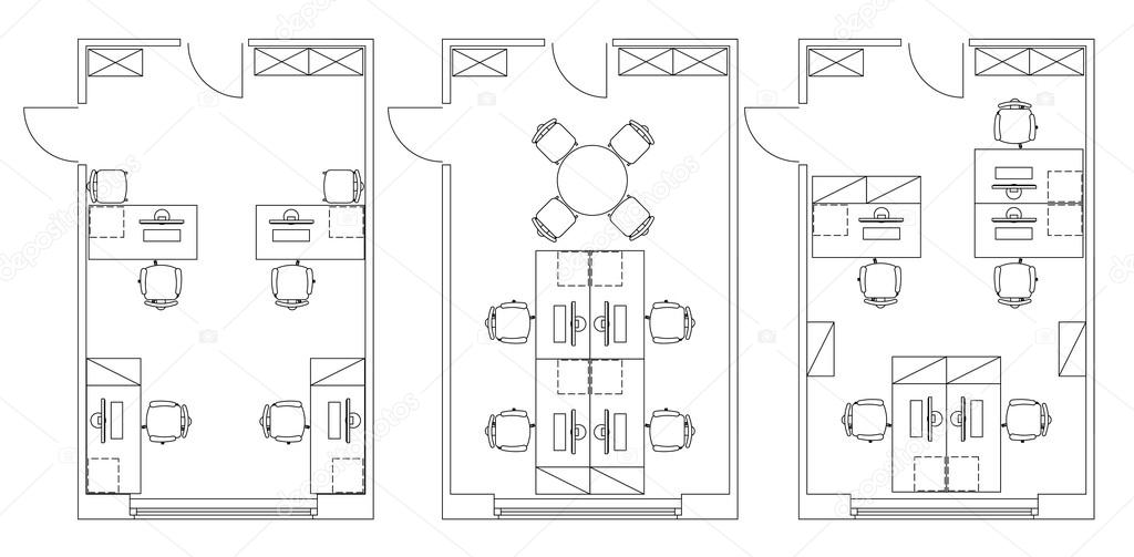 Standard office furniture symbols on floor plans ⬇ Vector