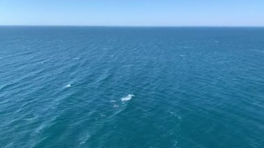 Yukarıdan deniz manzarası, mavi renk, su hareketi, beyaz deniz tarakları, büyüleyici video.