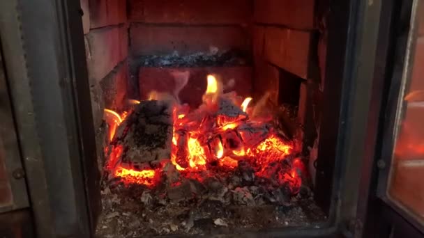 Fire Wood Burning Red Brick Stove Open Doors Comfort Fireplace — Stock Video