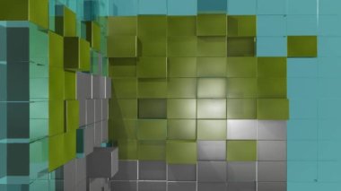3d abstraction, a wall of many cubes, green swamp color, metal and blue, the movement of individual cells, as a separate living organism, video