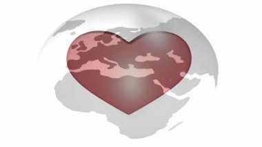 3D soyutlama, Dünya gezegeni, kıtaların gri siluetleri, Afrika, Avrupa, topun içinde kalp atışları, video