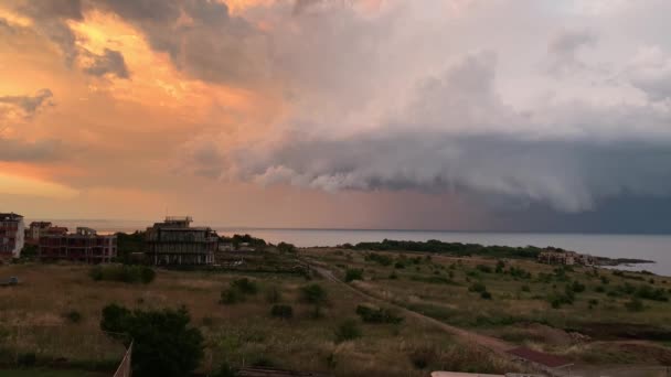 Wonderful Beautiful Sky Orange Pink Shimmers Thunderstorm Gathering Sea Lightning — Stock Video