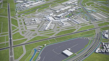 Amsterdam Schiphol Airport - 3D model aerial rendering clipart