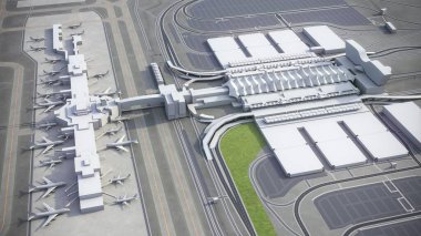 Denver International Airport - 3D model aerial rendering clipart