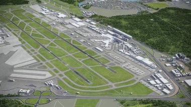 Frankfurt Airport - 3D model aerial rendering clipart