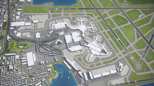 波士顿洛根国际机场3D模型空中渲染 — 图库照片