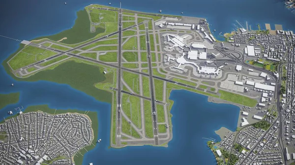 波士顿洛根国际机场3D模型空中渲染 — 图库照片