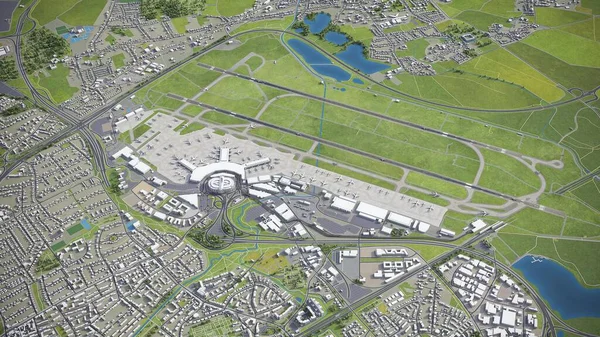 杜塞尔多夫机场3D模型空中渲染 — 图库照片