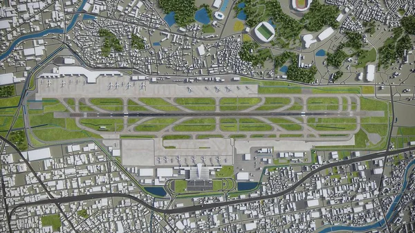 福冈机场3D模型空中渲染 — 图库照片