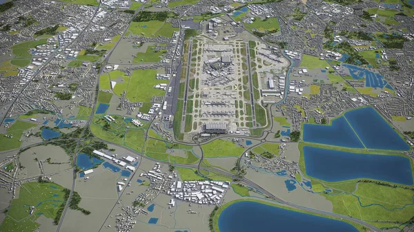 伦敦希思罗机场3D模型空中渲染 — 图库照片