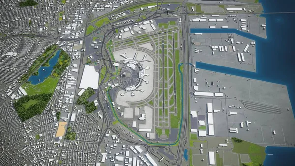 纽瓦克自由国际机场3D模型空中渲染 — 图库照片