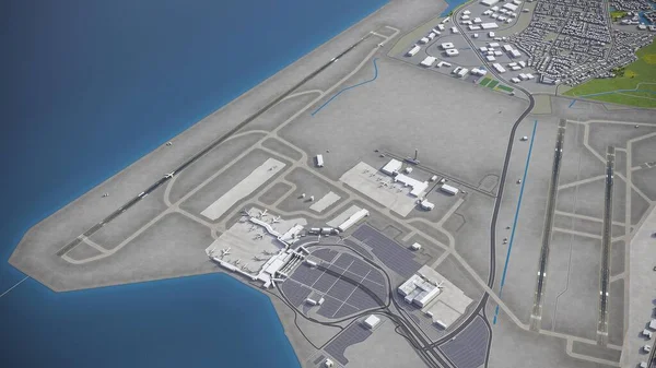 奥克兰国际机场3D模型空中渲染 — 图库照片