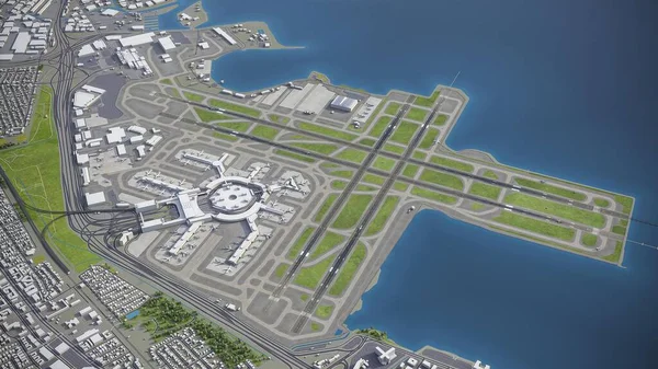 San Francisco International Airport - SFO - 3D model aerial rendering