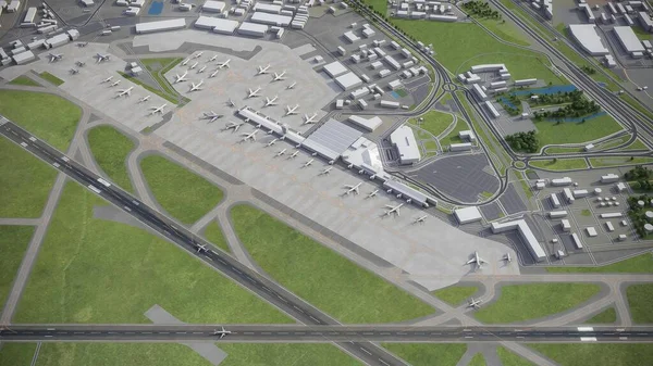华沙肖邦机场 Waw 3D模型空中渲染 — 图库照片
