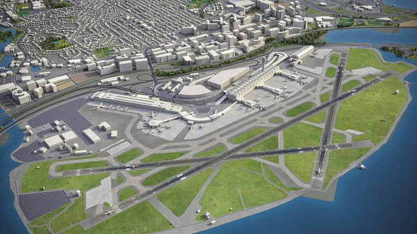 华盛顿罗纳德 里根国家机场 Dca 3D模型空中渲染 — 图库照片