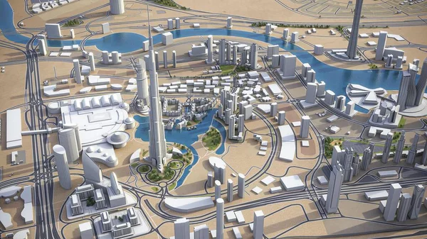 Dubai Business District Renderização Aérea Modelo — Fotografia de Stock