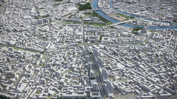 Vista aérea azul de edifícios da cidade, renderização em 3d de fundo azul  do mapa