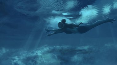 Dalgıç ve oğlunun soyut çizimi, dijital sanat tarzı, resimli resim.