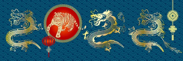 2022 Year Tiger Golden Water Tiger Chinese Dragons Blue Background — Stock Photo, Image