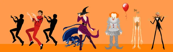 Penniejoyeux Halloween Bannière Plate Avec Monster Parade Modèle Vectoriel Carnaval — Image vectorielle