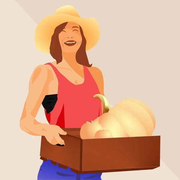 Εικονογράφηση Διάνυσμα Ενός Χαμογελαστού Ευτυχισμένη Γυναίκα Κρατώντας Ένα Κιβώτιο Λαχανικά — Διανυσματικό Αρχείο