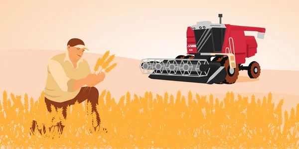 Vector Illustration Harvest Man Field Holding Wheat — Stock Vector