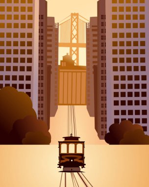  San Francisco teleferiğinin vektör çizimi. San Francisco gün batımı