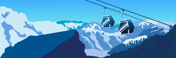 Ilustração Vetorial Elevador Esqui Teleférico Movendo Nas Montanhas Nevadas — Vetor de Stock