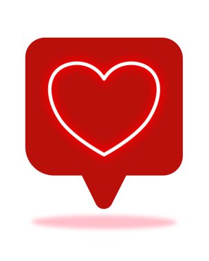 Beyaz arkaplanda izole edilmiş kırmızı konuşma baloncuğu iğnesinde neon ışık kalp ikonunun vektör çizimi