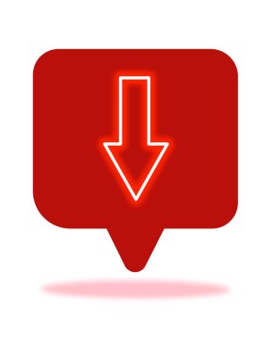 Beyaz arkaplanda izole edilmiş, kırmızı konuşma baloncuğu iğnesinde aşağı ok simgesinin vektör illüstrasyonu