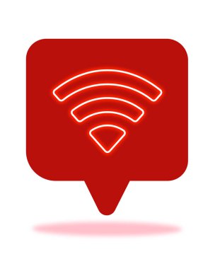 Beyaz arkaplanda izole edilmiş kırmızı konuşma kabarcığı pimi içinde neon ışıklı wi-fi simgesinin vektör illüstrasyonu