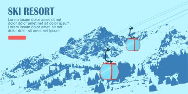 Kayak merkezinin UI tasarımı. Bir teleferiğin ana sayfa tasarımı, dağlardaki alacakaranlık gökyüzünde hareket ediyor. vektör