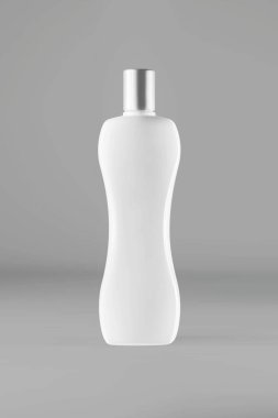 Gri arka planda boş beyaz losyon şişesi. Kozmetik ürün modeli. Duş şişesi.