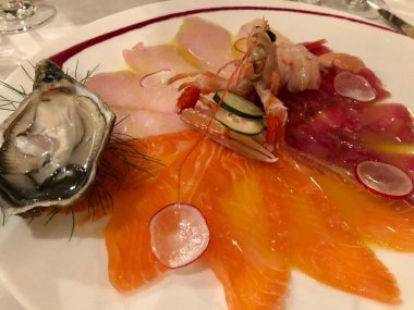 Karışık çiğ deniz ürünleri tabağı: somon, ton balığı, beyaz balık, istiridye ve karides.