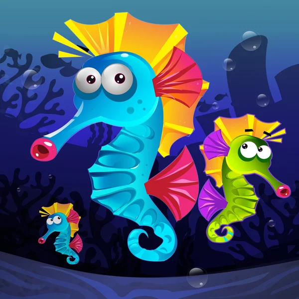 Colorful seahorses underwater — Stock Vector