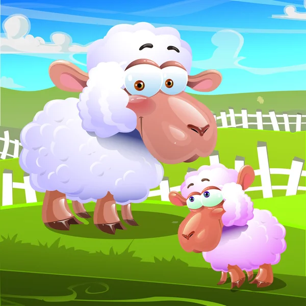 Deux moutons dessin animé sur fond de ferme — Image vectorielle