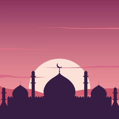 Çöl Resimleri Üzerine Gün Batımlı İslami Cami Silueti