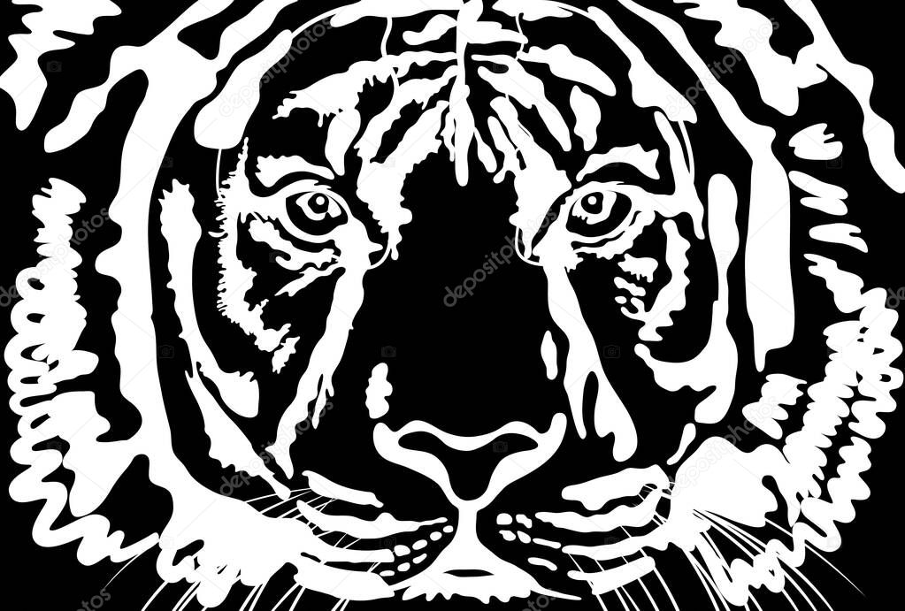 Black-and-white illustration of a tiger's face facing the front
