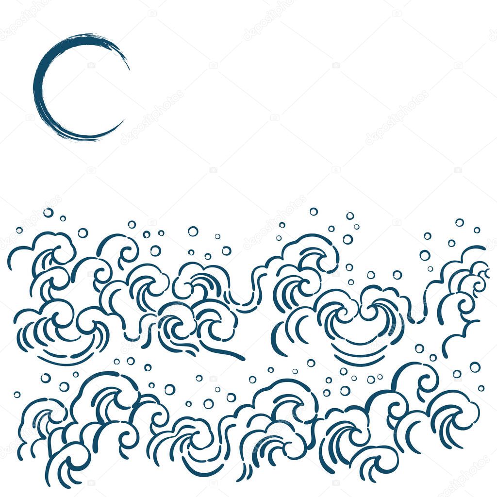 Illustration of splashing waves and moon.    Japanese traditional wave pattern and moon illustration. There is a margin to make it easier to insert characters. 