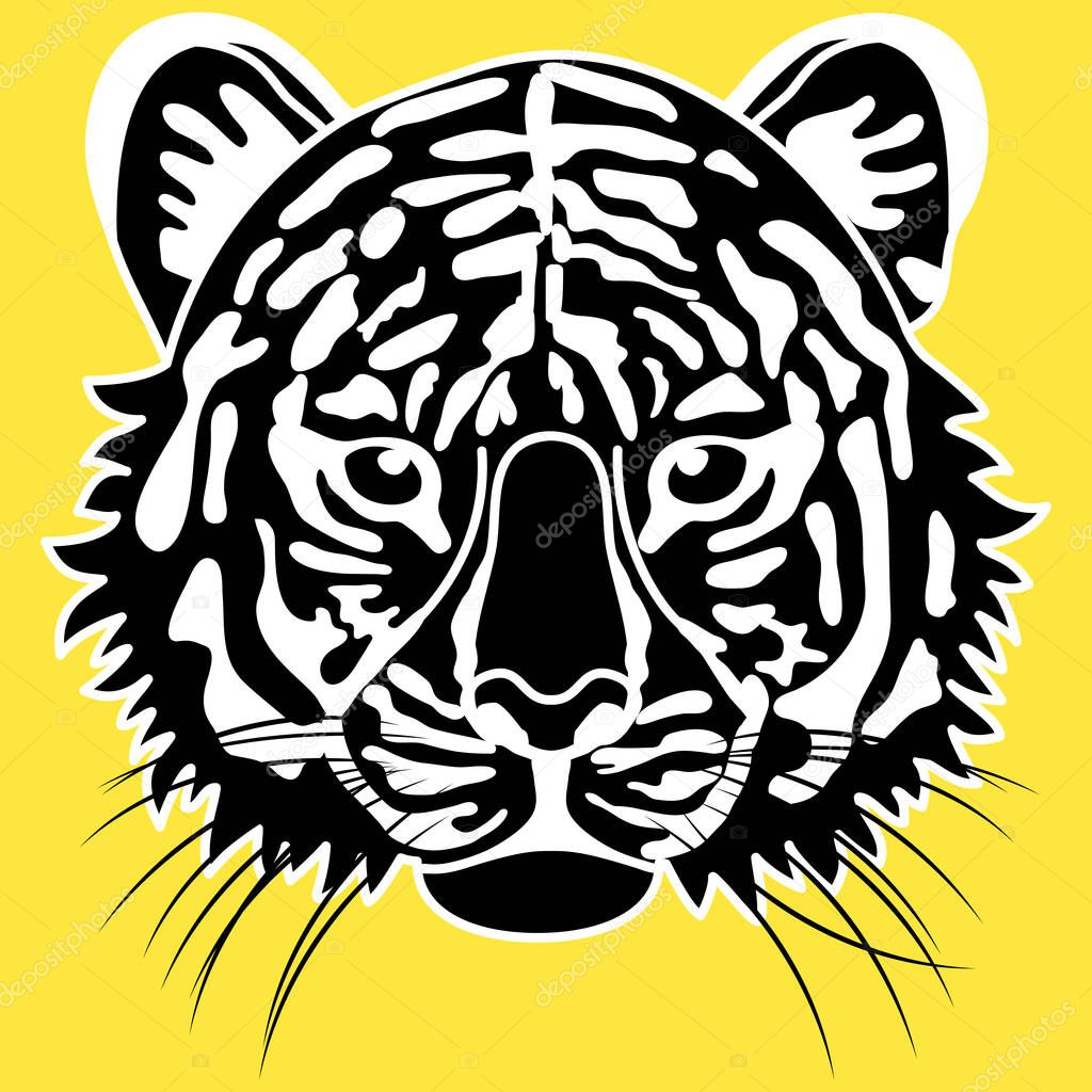 Illustration of a tiger's face facing the front .    A simple illustration of a tiger's face that can be used for icons and illustrations .