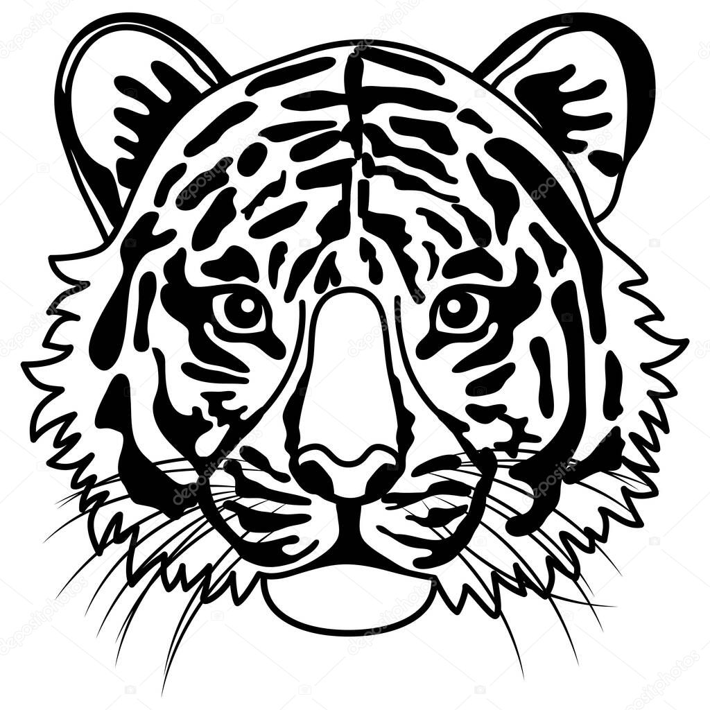 Black and white illustration of a tiger's face facing the front .     A simple illustration of a tiger's face that can be used for icons and illustrations .