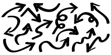 Bu, el yapımı okların bir dizi çizimi. Çeşitli yönleri gösteren ok simgeleri kümesi.