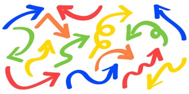 Renkli el çizimi ok simgeleri. Çeşitli yönleri gösteren ok simgeleri kümesi.