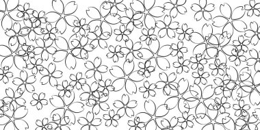 Beyaz üzerine Siyah Kiraz Çiçeği desenli arka plan. Bu, tüm yüzeyde çeşitli boyutlarda kiraz çiçeklerinin sergilendiği bir arkaplan çizimi..