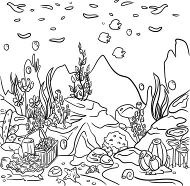 Deniz dibi çizimi. Çocuklar için boyama sayfası. Doodle tarzı, siyah ve beyaz. Deniz sakinleri.