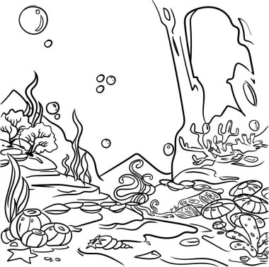 Deniz dibi çizimi. Çocuklar için boyama sayfası. Doodle tarzı, siyah ve beyaz. Deniz sakinleri.