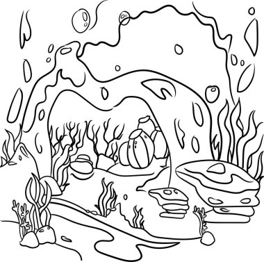 Deniz dibi çizimi. Çocuklar için boyama sayfası. Doodle tarzı, siyah ve beyaz. Deniz sakinleri.