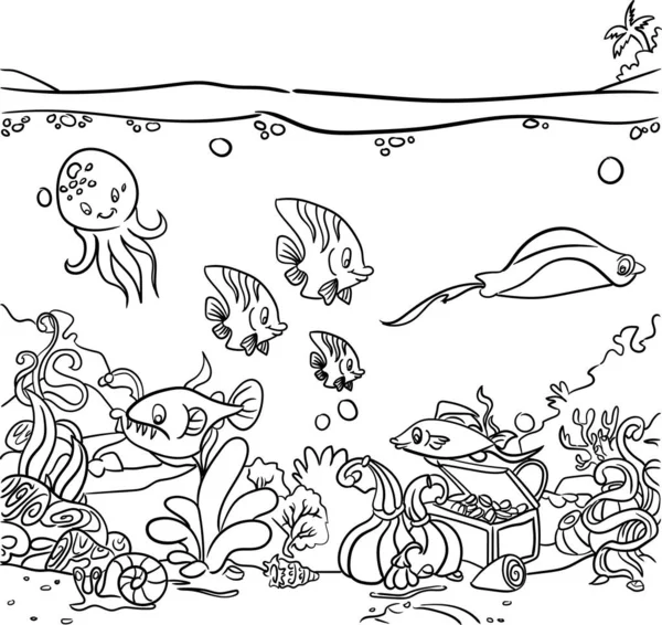 Deniz dibi çizimi. Çocuklar için boyama sayfası. Doodle tarzı, siyah ve beyaz. Deniz sakinleri.
