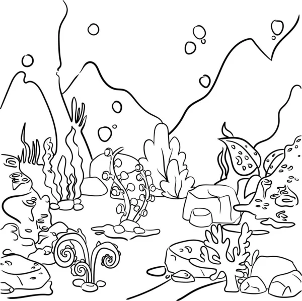 Deniz dibi çizimi. Çocuklar için boyama sayfası. Doodle tarzı, siyah ve beyaz. Deniz sakinleri.